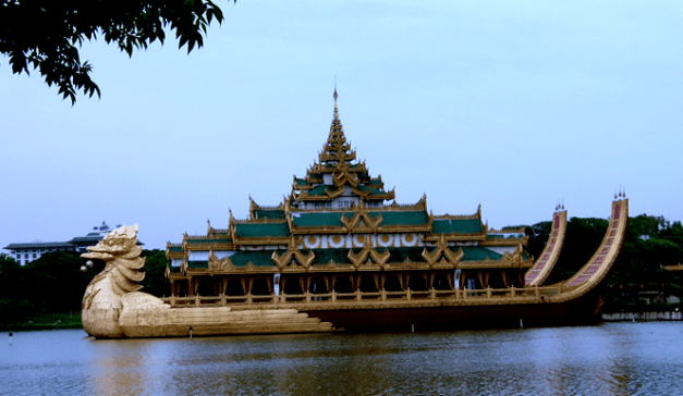The palace on Kandawgyi Lake is a floating restaurant these days